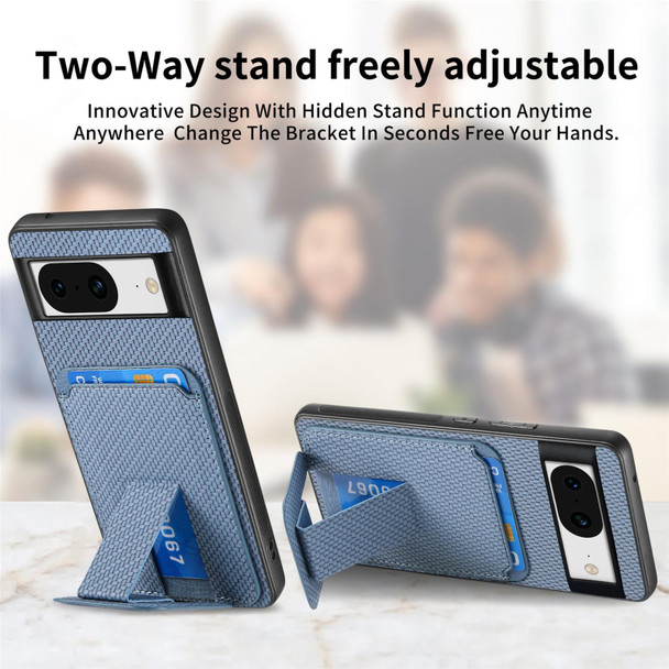 For Google Pixel 8 Carbon Fiber Card Bag Fold Stand Phone Case(Blue)