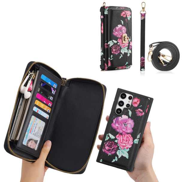 For Samsung Galaxy S22 5G Flower Multi-functional Crossbody Zipper Wallet Leatherette Phone Case(Black)