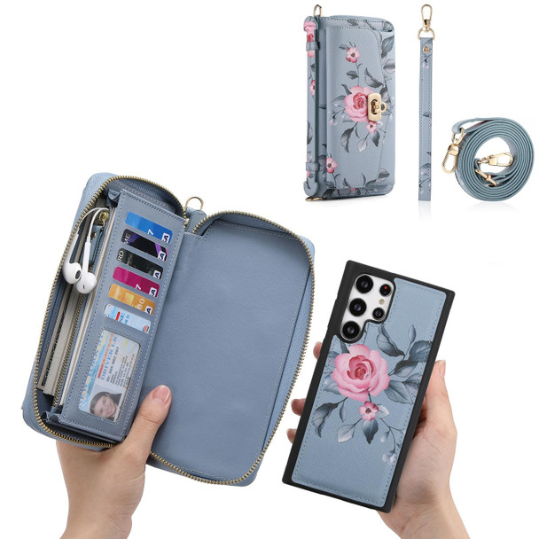 For Samsung Galaxy S22+ 5G Flower Multi-functional Crossbody Zipper Wallet Leatherette Phone Case(Blue)