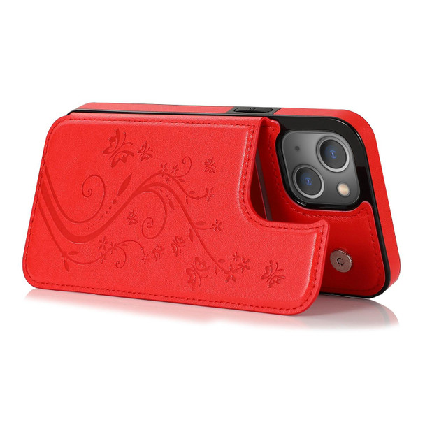 Butterflies Flowers Double Buckle PU + TPU Protective Case with Holder & Card Slots & Photo Frame - iPhone 13 Pro Max(Red)
