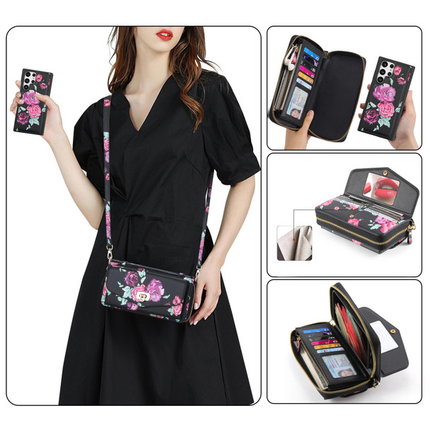 For Samsung Galaxy S22 Ultra 5G Flower Multi-functional Crossbody Zipper Wallet Leatherette Phone Case(Black)