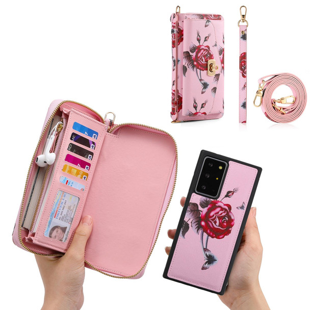 For Samsung Galaxy Note20 Ultra Flower Multi-functional Crossbody Zipper Wallet Leatherette Phone Case(Pink)