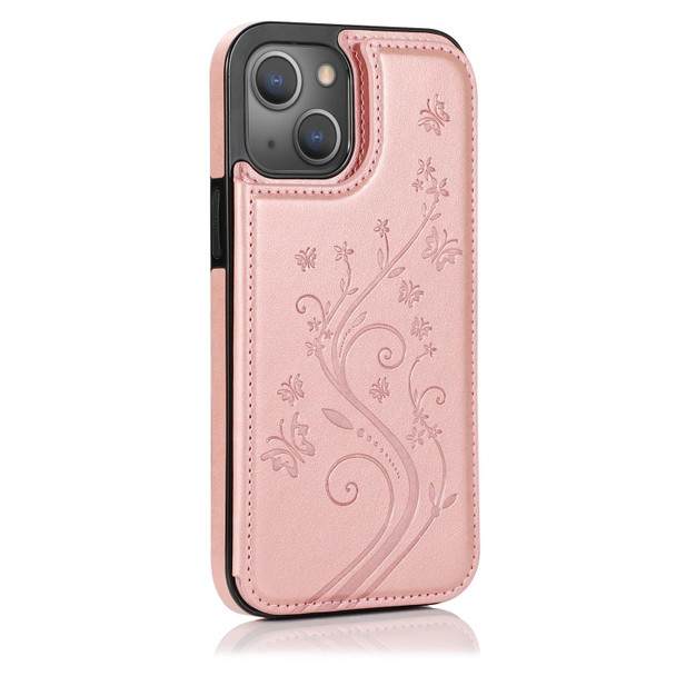 Butterflies Flowers Double Buckle PU + TPU Protective Case with Holder & Card Slots & Photo Frame - iPhone 13 Pro(Rose Gold)