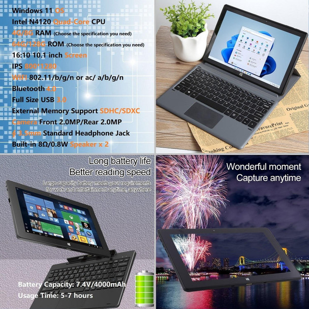 HONGSAMDE 10.1 inch 2 in 1 Tablet PC, 4GB+64GB, Windows 11, Interl Gemini Lake N4120 Quad Core with Keyboard(Black)