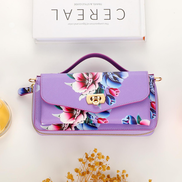 For Samsung Galaxy S22+ 5G Flower Multi-functional Crossbody Zipper Wallet Leatherette Phone Case(Purple)