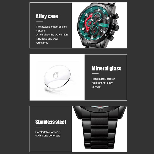 Curren 8402 Calendar Six-Hand Steel Strap Business Quartz Watch, Color: Black Shell Green