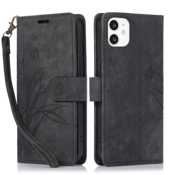 For iPhone 11 Orchid Butterfly Embossed Leatherette Phone Case(Black)