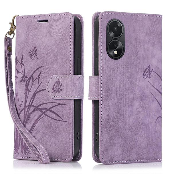 For OPPO A18 / A38 Orchid Butterfly Embossed Leatherette Phone Case(Purple)