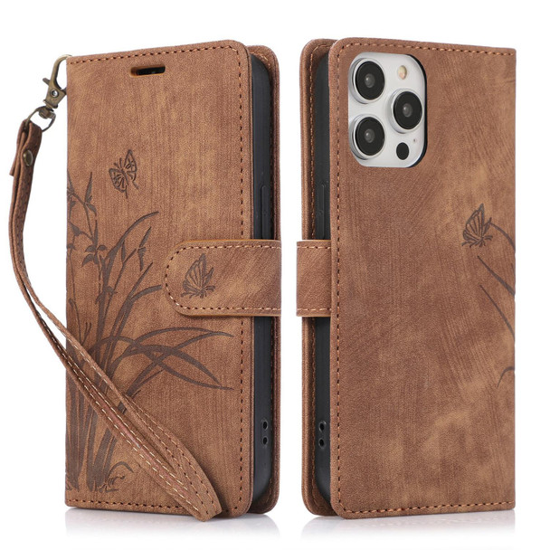 For iPhone 15 Pro Orchid Butterfly Embossed Leatherette Phone Case(Brown)