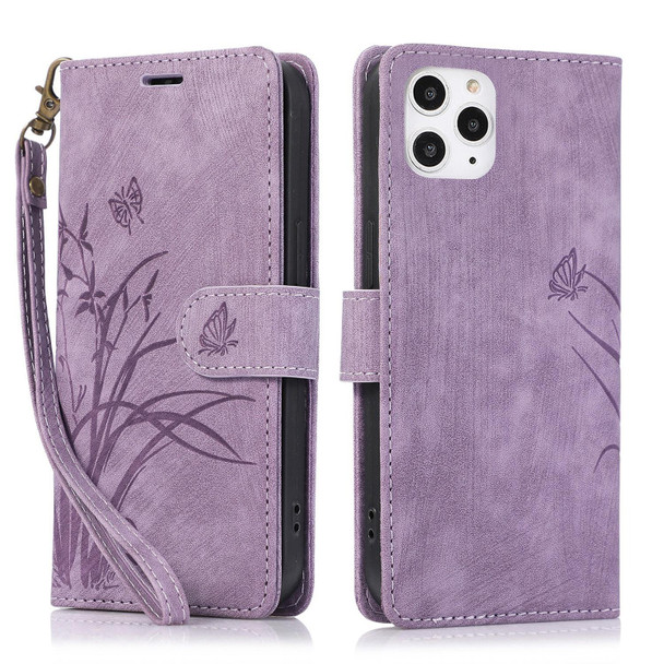 For iPhone 11 Pro Orchid Butterfly Embossed Leatherette Phone Case(Purple)