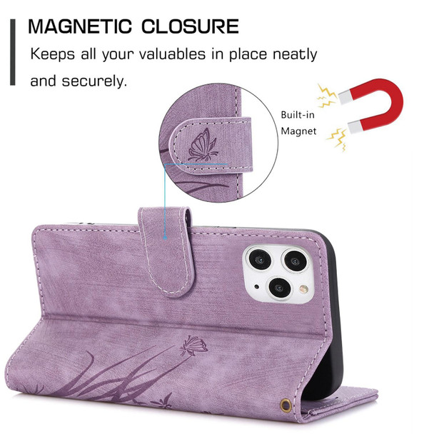 For iPhone 11 Pro Orchid Butterfly Embossed Leatherette Phone Case(Purple)