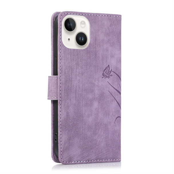 For iPhone 14 Plus Orchid Butterfly Embossed Leatherette Phone Case(Purple)