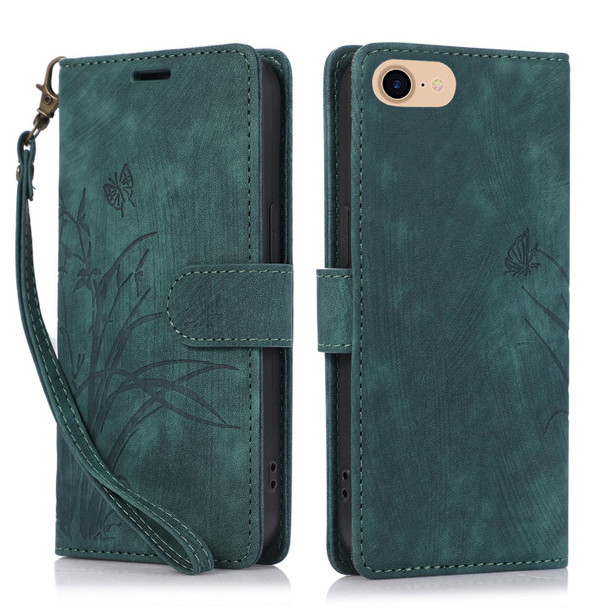 For iPhone 7 / 8 / SE 2022 Orchid Butterfly Embossed Leatherette Phone Case(Green)