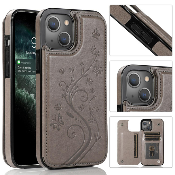 Butterflies Flowers Double Buckle PU + TPU Protective Case with Holder & Card Slots & Photo Frame - iPhone 13 Pro(Grey)