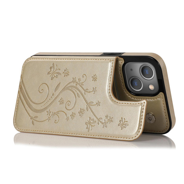 Butterflies Flowers Double Buckle PU + TPU Protective Case with Holder & Card Slots & Photo Frame - iPhone 13 Pro(Gold)