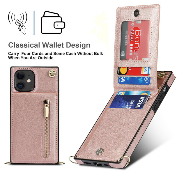 Cross-body Zipper Square TPU+PU Back Cover Case with Holder & Card Slots & Wallet & Strap - iPhone 11(Rose Gold)