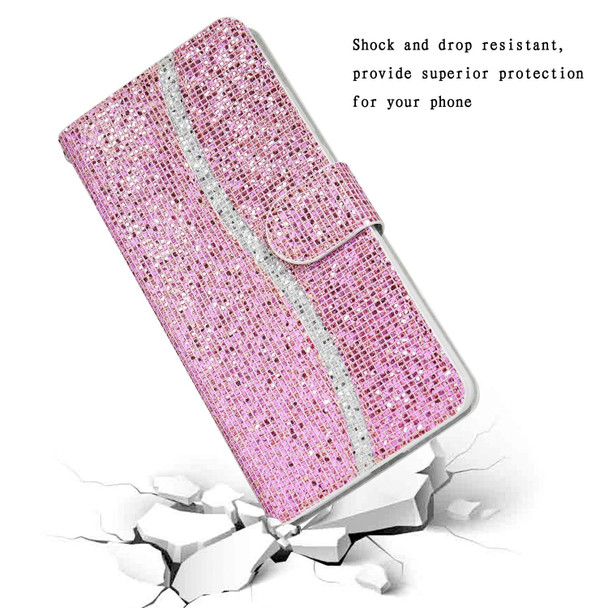 Glitter Powder Horizontal Flip Leather Case with Card Slots & Holder & Lanyard - iPhone 13 Pro Max(Pink)