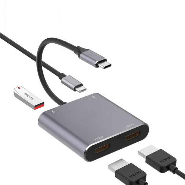 4 in 1 Type-C to Dual HDMI + USB + Type-C HUB Adapter - Open Box (Grade A)