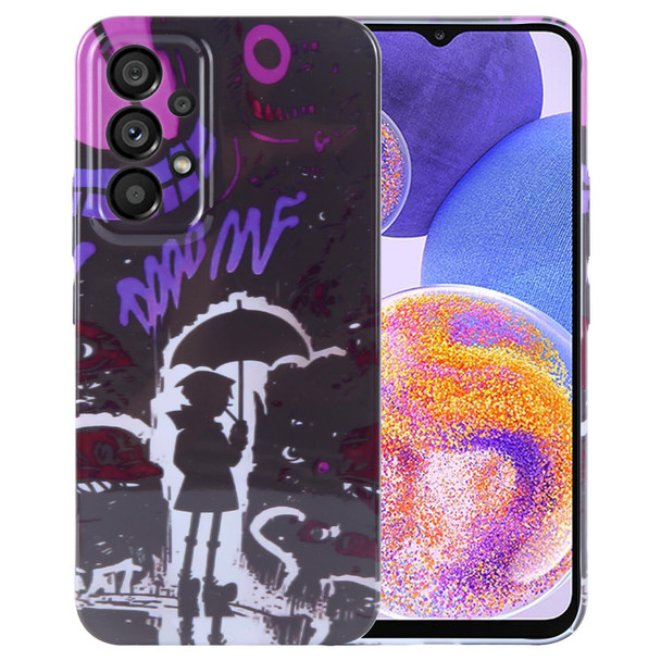 For Samsung Galaxy A23 Painted Pattern Precise Hole PC Phone Case(Black Purple Umbrella Boy)