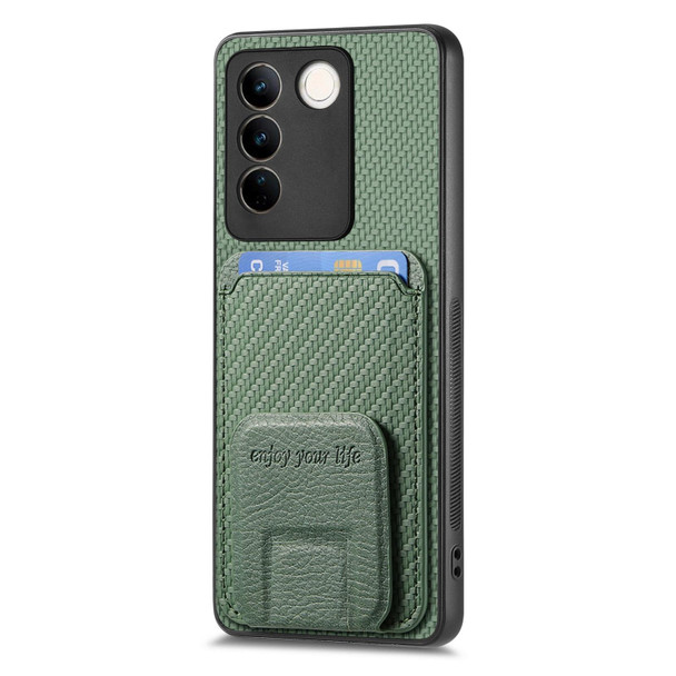 For vivo Y02s Carbon Fiber Card Bag Fold Stand Phone Case(Green)