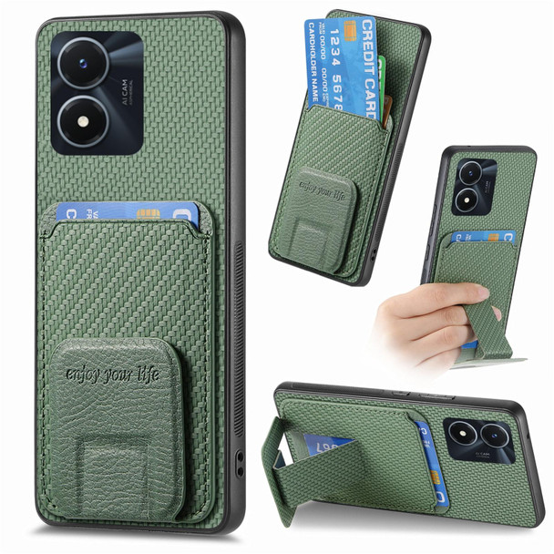 For vivo Y02s Carbon Fiber Card Bag Fold Stand Phone Case(Green)