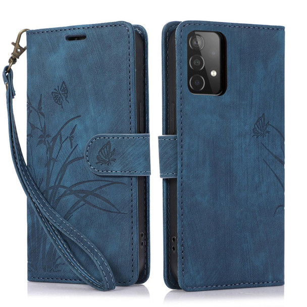 For Samsung Galaxy A73 Orchid Butterfly Embossed Leather Phone Case(Blue)