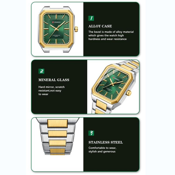 Curren 8457 Business Steel Strap Square Men Quartz Watch, Color: Gold Green