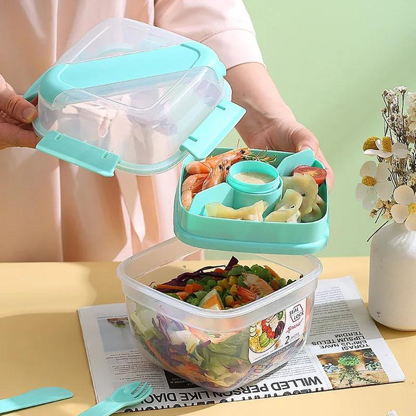 Microwaveable Double Layer Salad Container Picnic Lunch Box with Fork Spoon, Spec: White/Small