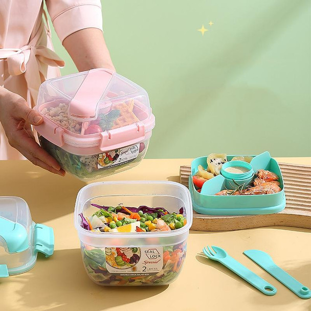 Microwaveable Double Layer Salad Container Picnic Lunch Box with Fork Spoon, Spec: Blue/Large