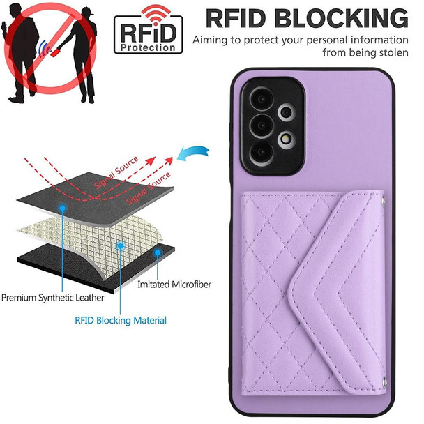 For Samsung Galaxy A13 4G Rhombic Texture Card Bag RFID Phone Case with Long Lanyard(Light Purple)