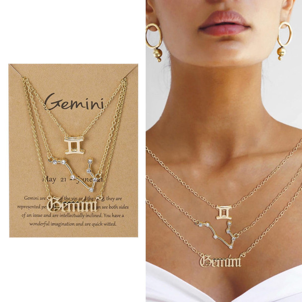 3 In 1 12 Zodiac Signs Necklace Set Retro Alphabet Symbols With Diamonds Jewelry Set, Style: Libra Silver