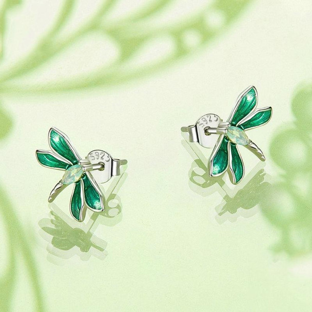 S925 Sterling Silver Platinum Plated Animal Dragonfly Earrings(BSE988)