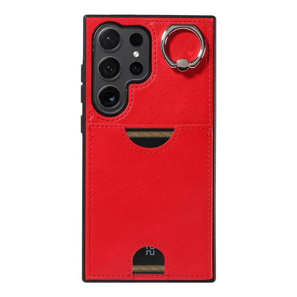 For Samsung Galaxy S24 Ultra 5G Calf Texture Card Slot Ring Holder Phone Case(Red)
