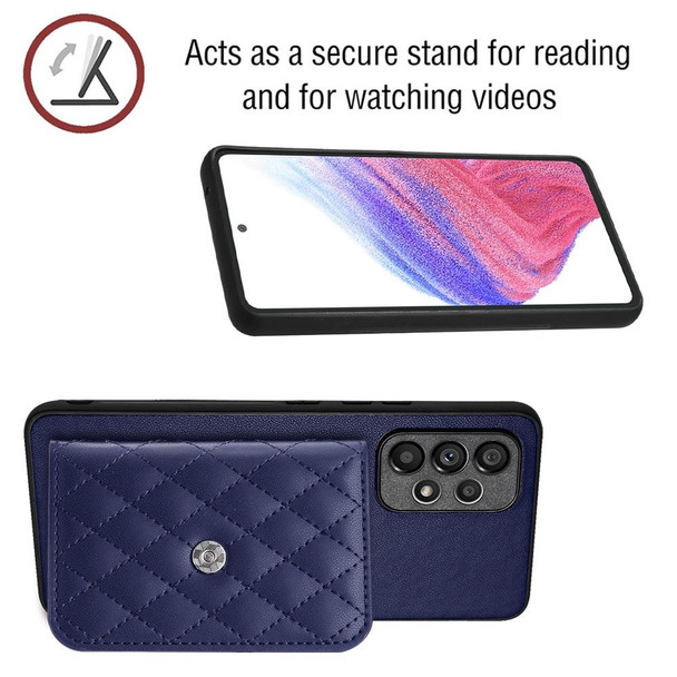 For Samsung Galaxy A52 Rhombic Texture Card Bag RFID Phone Case with Long Lanyard(Dark Purple)