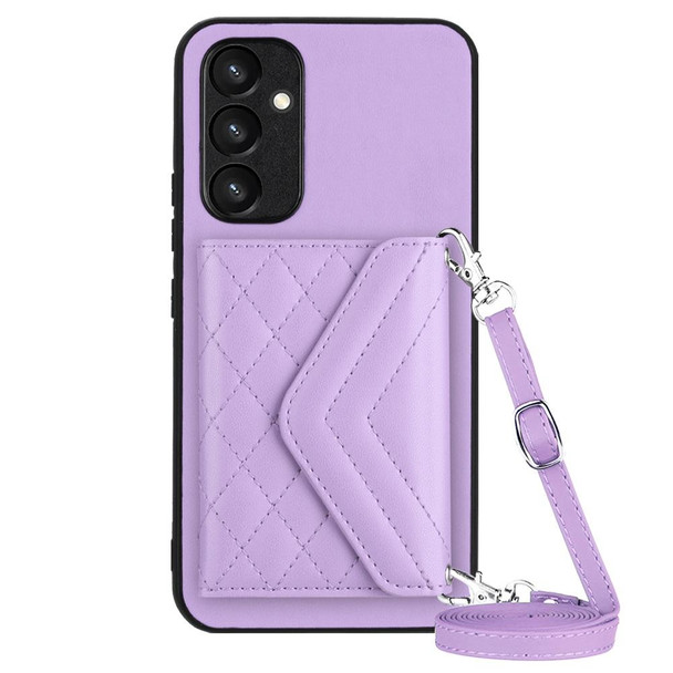 For Samsung Galaxy A34 5G Rhombic Texture Card Bag RFID Phone Case with Long Lanyard(Light Purple)