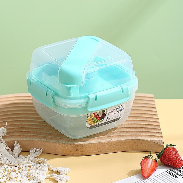 Microwaveable Double Layer Salad Container Picnic Lunch Box with Fork Spoon, Spec: Blue/Small
