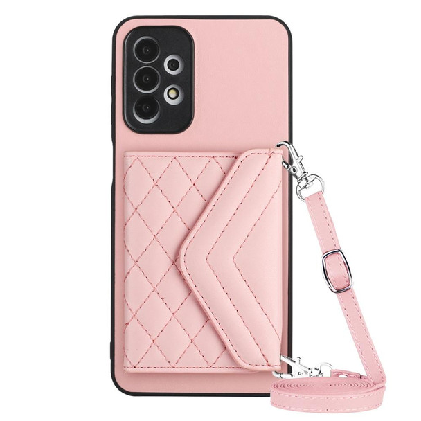 For Samsung Galaxy A13 4G Rhombic Texture Card Bag RFID Phone Case with Long Lanyard(Rose Gold)