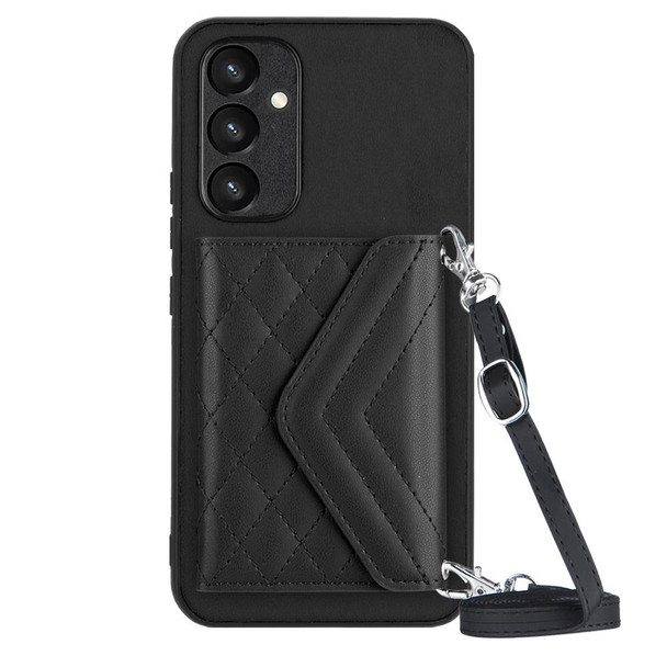 For Samsung Galaxy A34 5G Rhombic Texture Card Bag RFID Phone Case with Long Lanyard(Black)