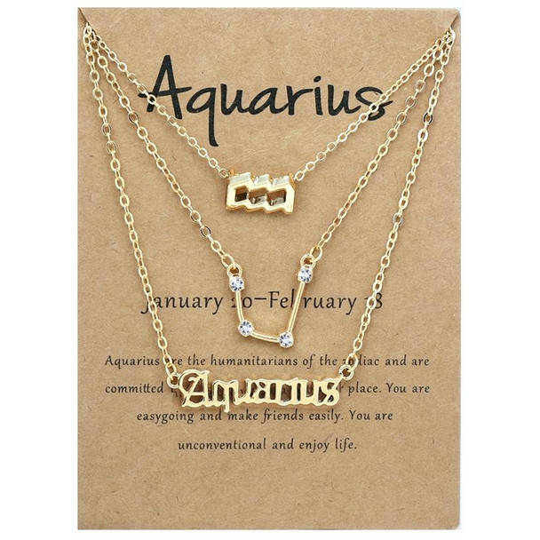 3 In 1 12 Zodiac Signs Necklace Set Retro Alphabet Symbols With Diamonds Jewelry Set, Style: Aquarius Golden