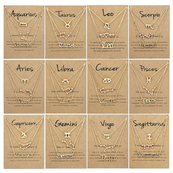 3 In 1 12 Zodiac Signs Necklace Set Retro Alphabet Symbols With Diamonds Jewelry Set, Style: Aquarius Golden