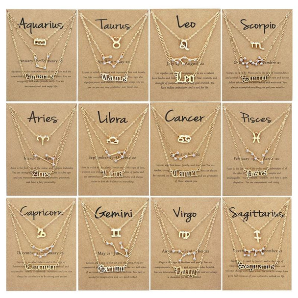 3 In 1 12 Zodiac Signs Necklace Set Retro Alphabet Symbols With Diamonds Jewelry Set, Style: Virgo Golden