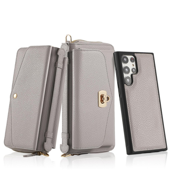 For Samsung Galaxy S22 Ultra 5G Crossbody Multi-functional Zipper Wallet Litchi Leather Phone Case(Grey)