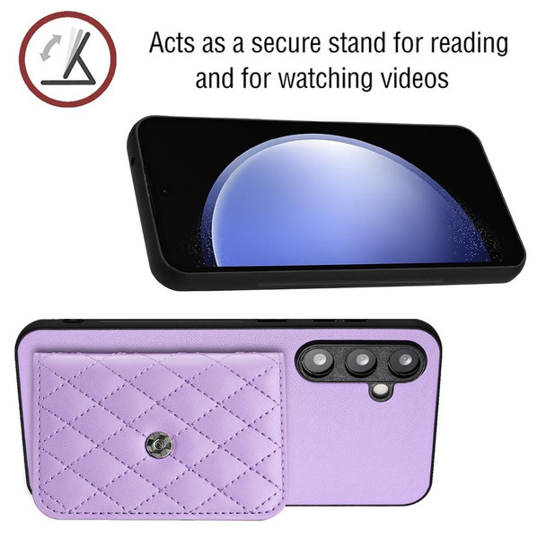 For Samsung Galaxy S23 FE 5G Rhombic Texture Card Bag RFID Phone Case with Long Lanyard(Light Purple)
