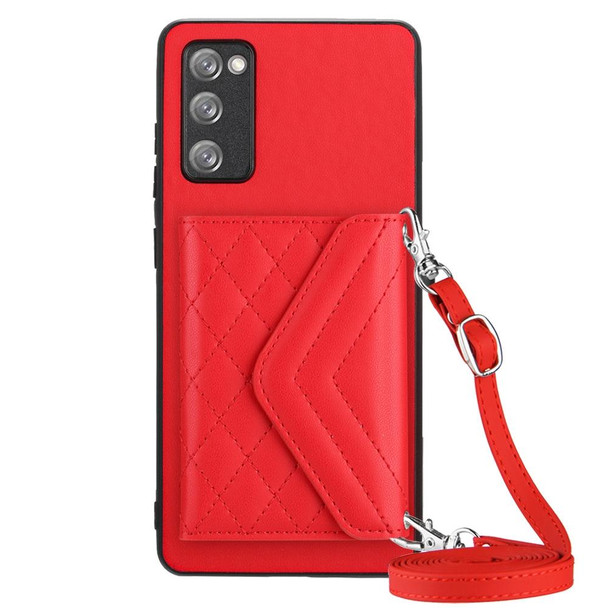 For Samsung Galaxy S20 FE Rhombic Texture Card Bag RFID Phone Case with Long Lanyard(Red)