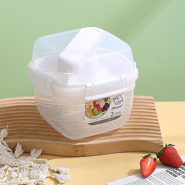 Microwaveable Double Layer Salad Container Picnic Lunch Box with Fork Spoon, Spec: White/Large