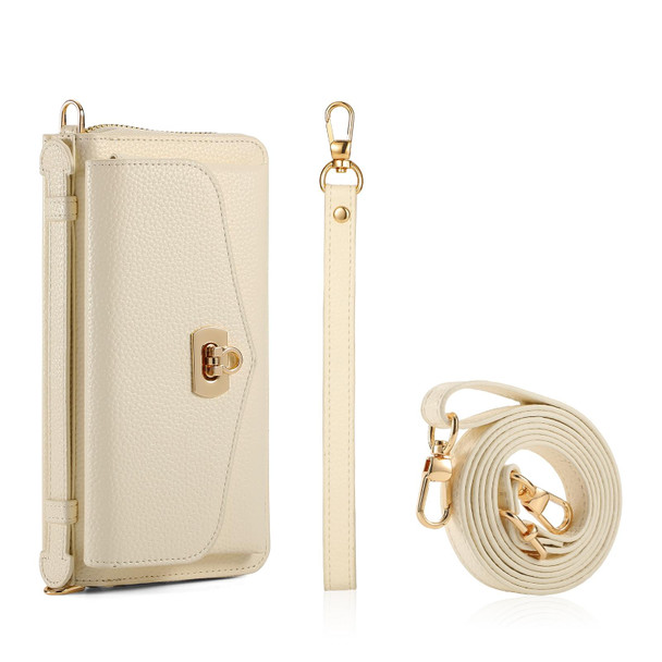 For Samsung Galaxy Note20 Crossbody Multi-functional Zipper Wallet Litchi Leather Phone Case(Beige)