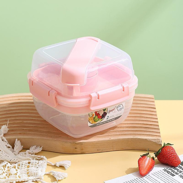 Microwaveable Double Layer Salad Container Picnic Lunch Box with Fork Spoon, Spec: Pink/Small