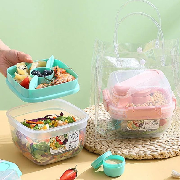 Microwaveable Double Layer Salad Container Picnic Lunch Box with Fork Spoon, Spec: Pink/Large