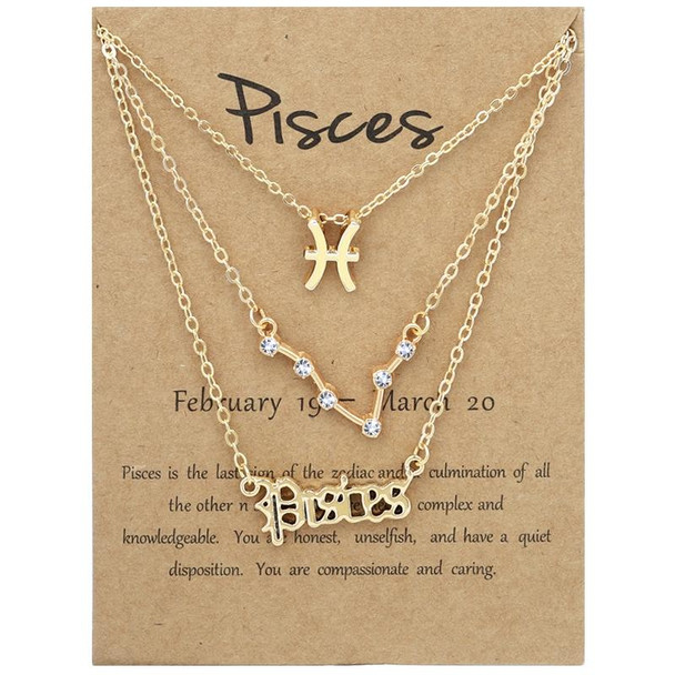 3 In 1 12 Zodiac Signs Necklace Set Retro Alphabet Symbols With Diamonds Jewelry Set, Style: Pisces Golden