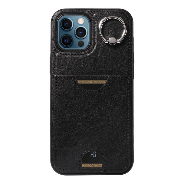 For iPhone 12 Pro Max Calf Texture Card Slot Ring Holder Phone Case(Black)